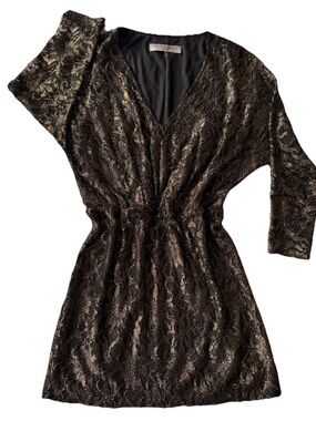 Trina Turk Dress Size 4 Metallic Gold Black Lace Blouson V-Neck cocktail